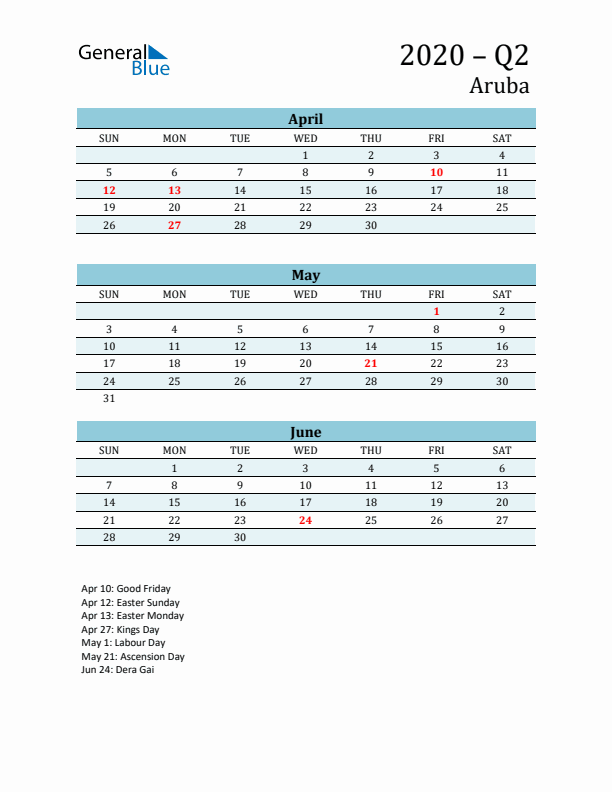 Three-Month Planner for Q2 2020 with Holidays - Aruba