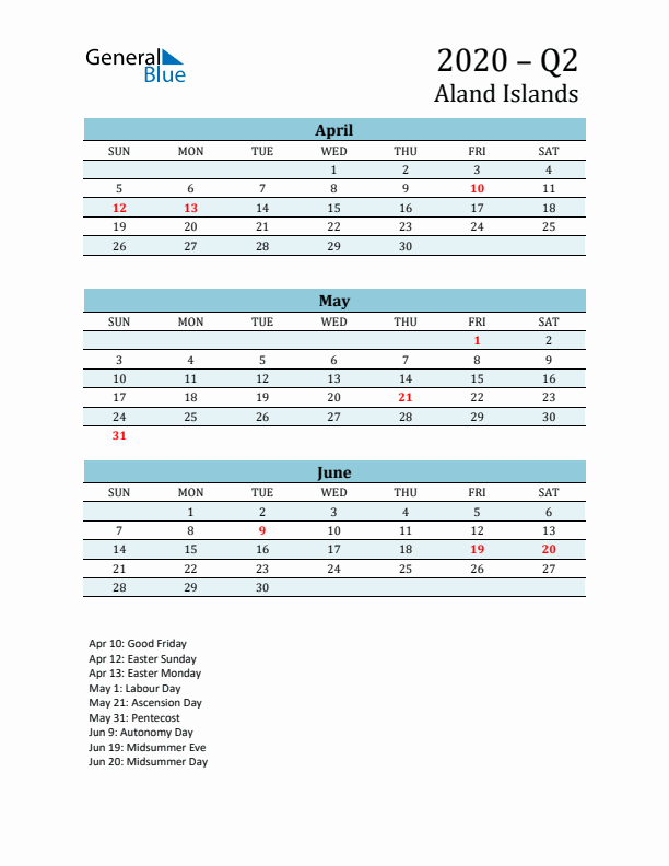 Three-Month Planner for Q2 2020 with Holidays - Aland Islands