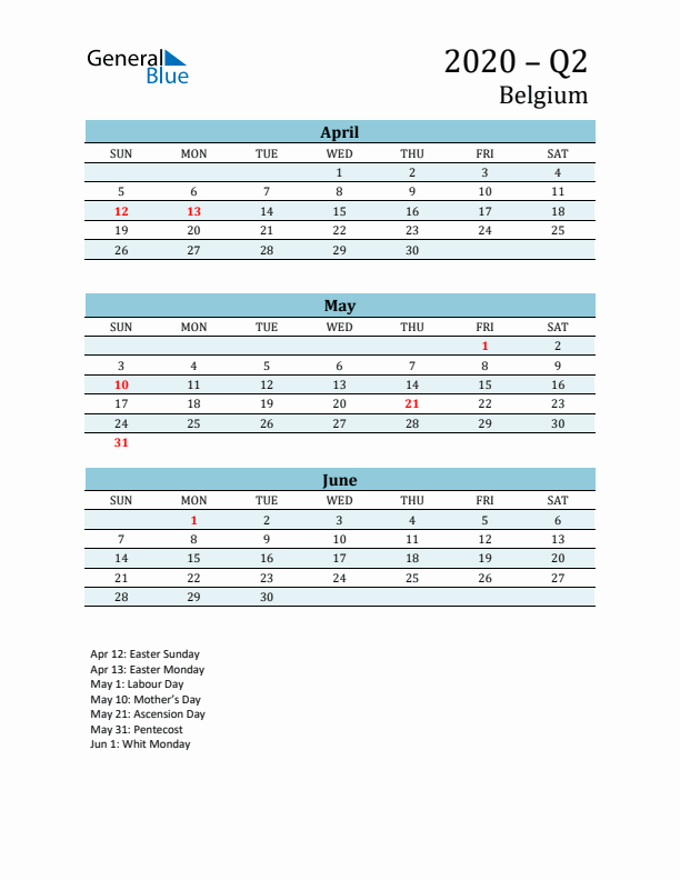 Three-Month Planner for Q2 2020 with Holidays - Belgium