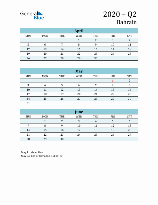 Three-Month Planner for Q2 2020 with Holidays - Bahrain