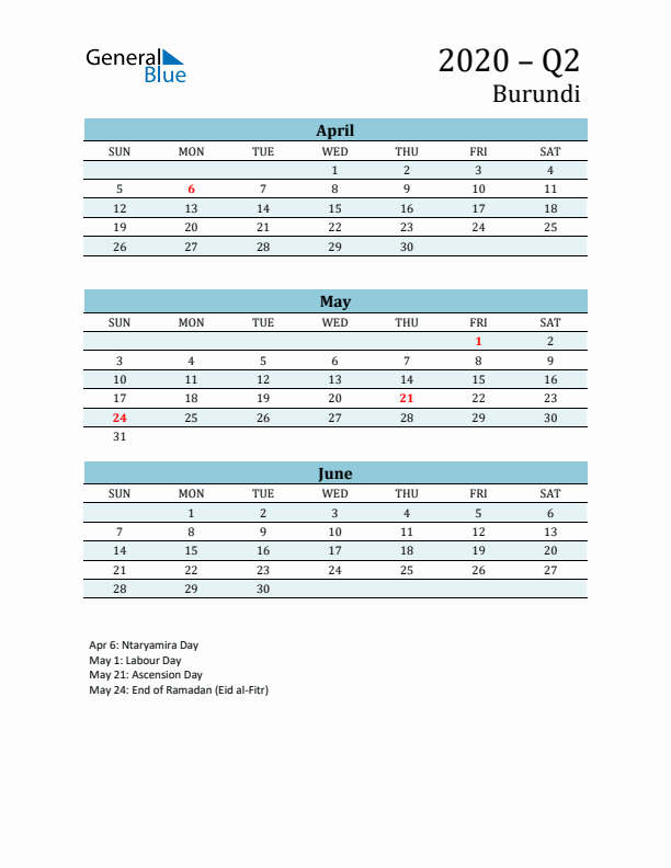 Three-Month Planner for Q2 2020 with Holidays - Burundi