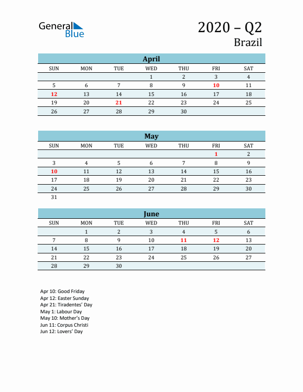 Three-Month Planner for Q2 2020 with Holidays - Brazil