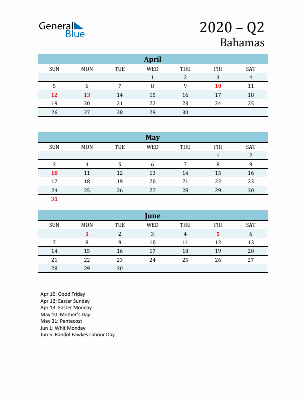 Three-Month Planner for Q2 2020 with Holidays - Bahamas