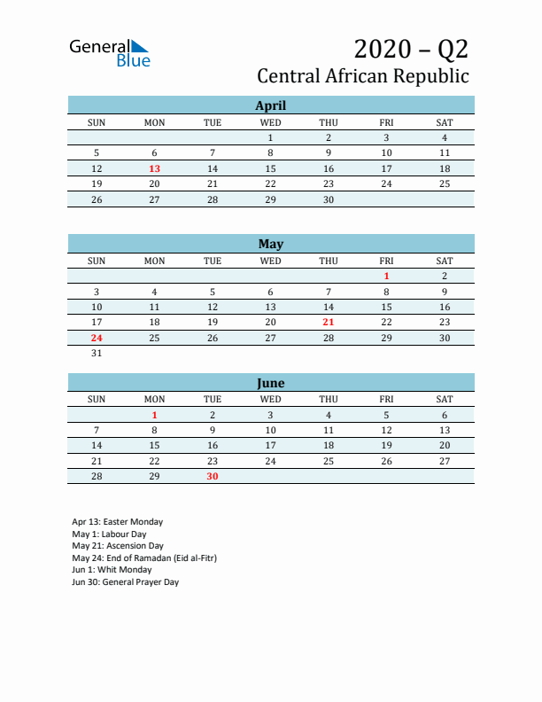 Three-Month Planner for Q2 2020 with Holidays - Central African Republic