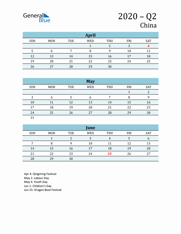 Three-Month Planner for Q2 2020 with Holidays - China