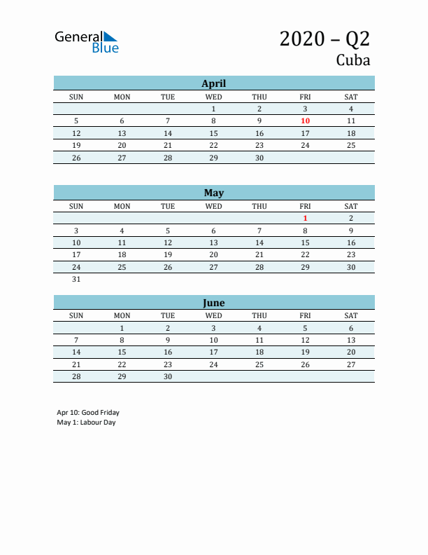 Three-Month Planner for Q2 2020 with Holidays - Cuba