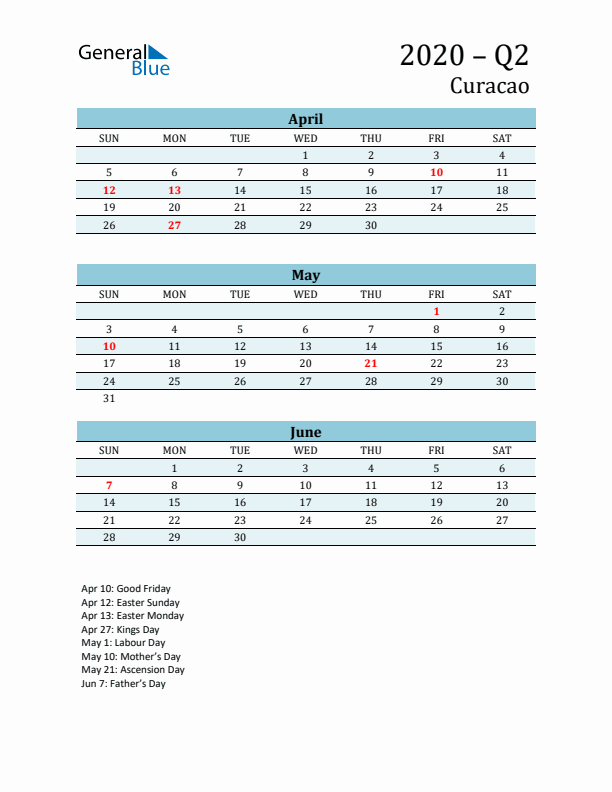 Three-Month Planner for Q2 2020 with Holidays - Curacao