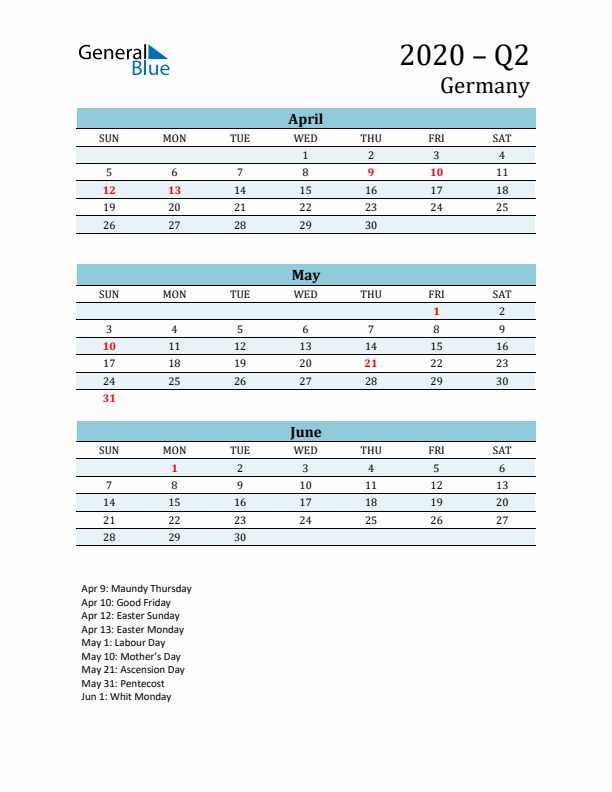 Three-Month Planner for Q2 2020 with Holidays - Germany