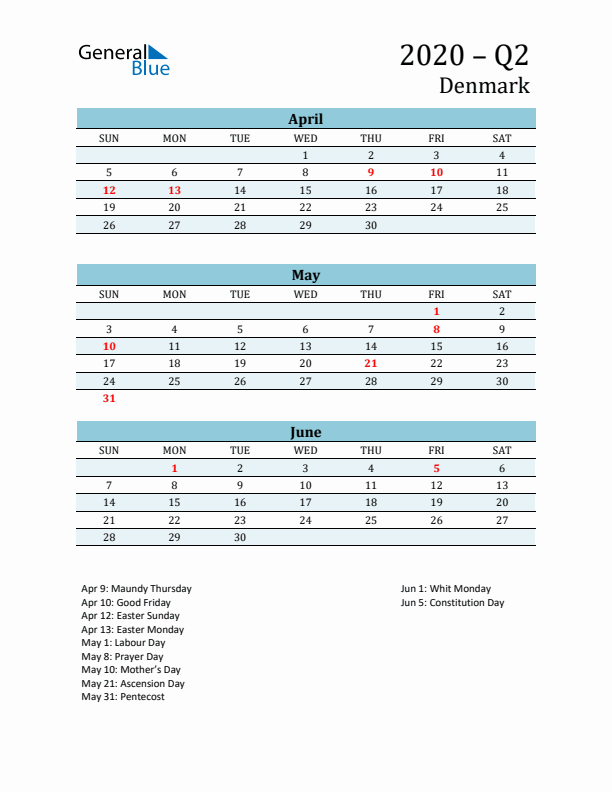 Three-Month Planner for Q2 2020 with Holidays - Denmark