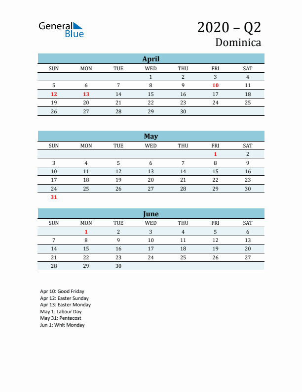 Three-Month Planner for Q2 2020 with Holidays - Dominica