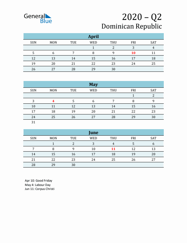 Three-Month Planner for Q2 2020 with Holidays - Dominican Republic