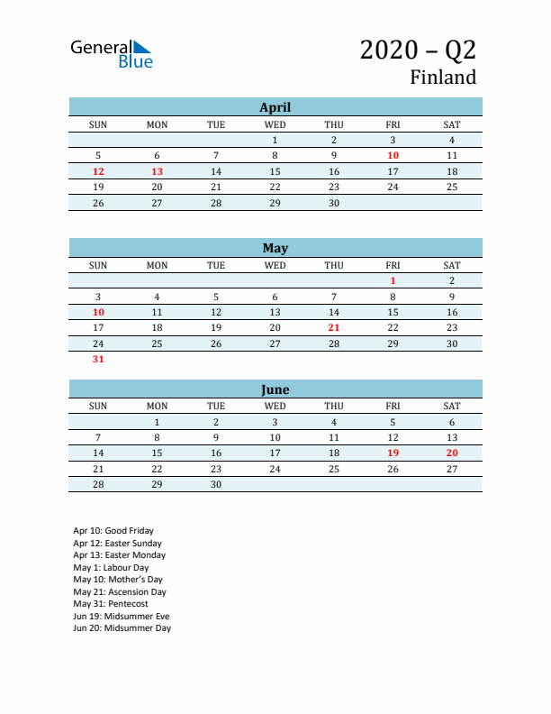 Three-Month Planner for Q2 2020 with Holidays - Finland