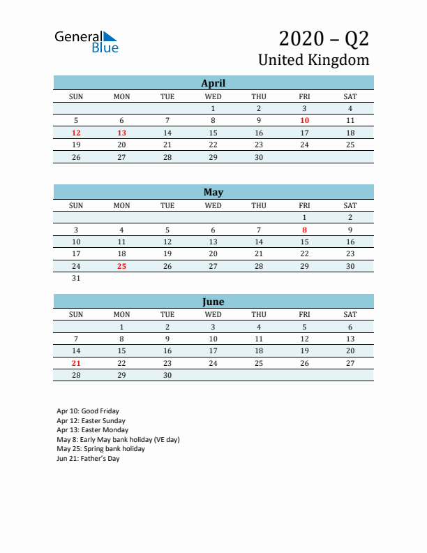 Three-Month Planner for Q2 2020 with Holidays - United Kingdom