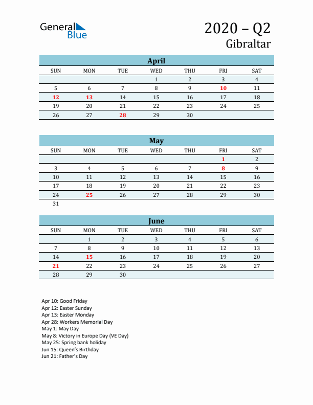 Three-Month Planner for Q2 2020 with Holidays - Gibraltar