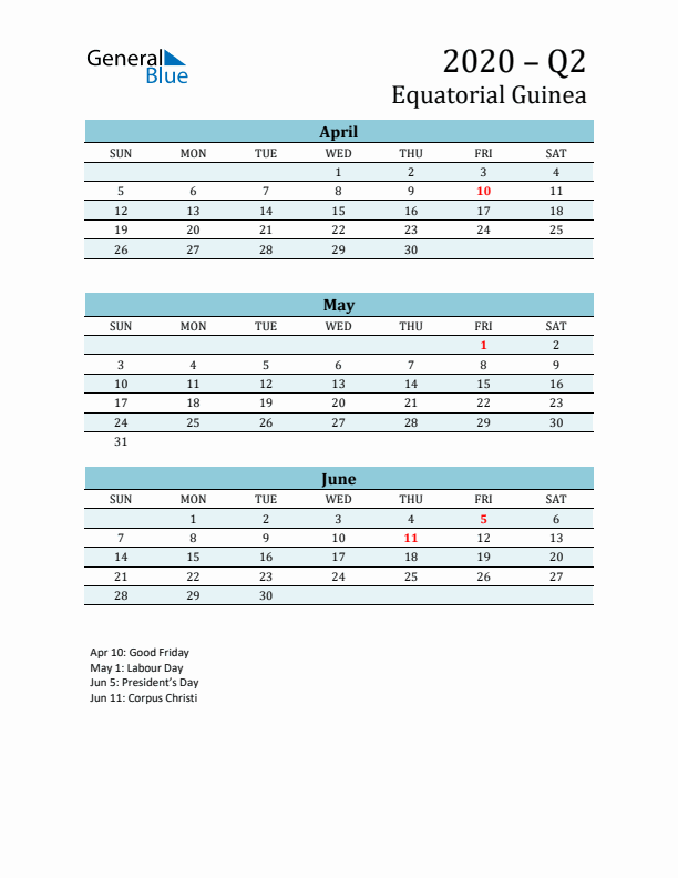 Three-Month Planner for Q2 2020 with Holidays - Equatorial Guinea