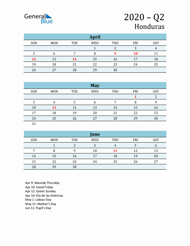 Three-Month Planner for Q2 2020 with Holidays - Honduras