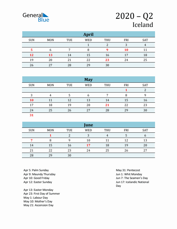 Three-Month Planner for Q2 2020 with Holidays - Iceland