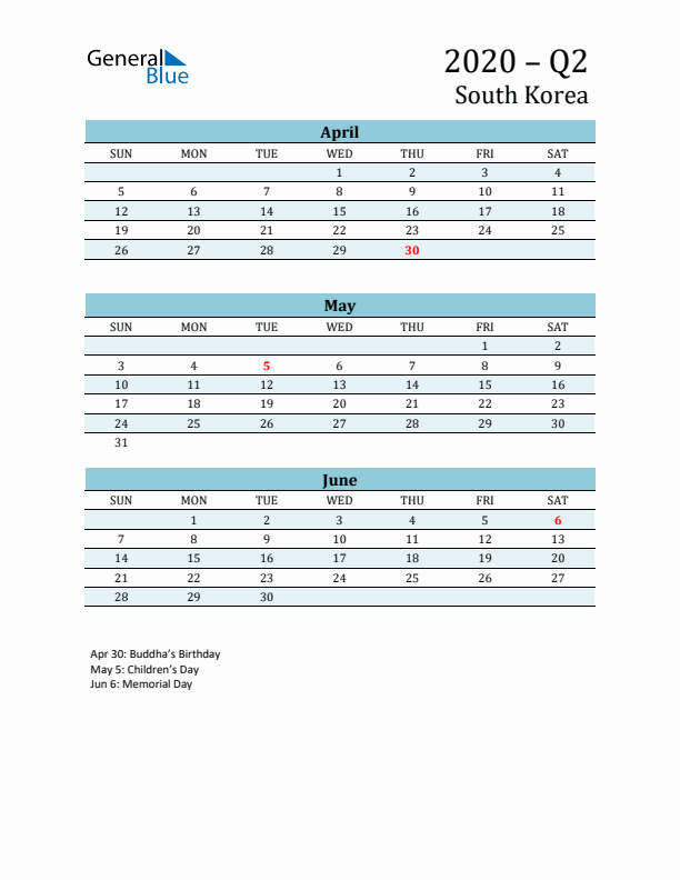 Three-Month Planner for Q2 2020 with Holidays - South Korea