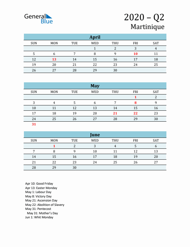 Three-Month Planner for Q2 2020 with Holidays - Martinique