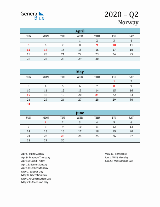 Three-Month Planner for Q2 2020 with Holidays - Norway