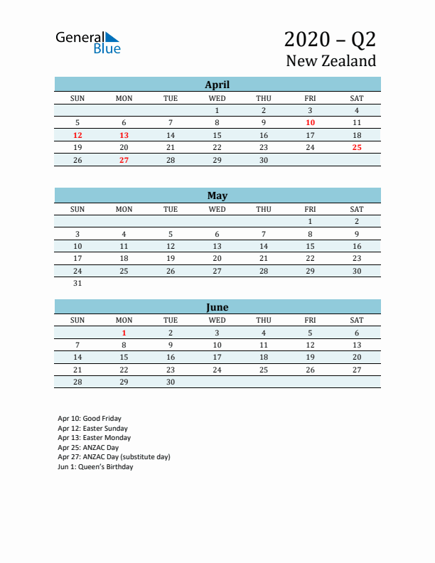 Three-Month Planner for Q2 2020 with Holidays - New Zealand