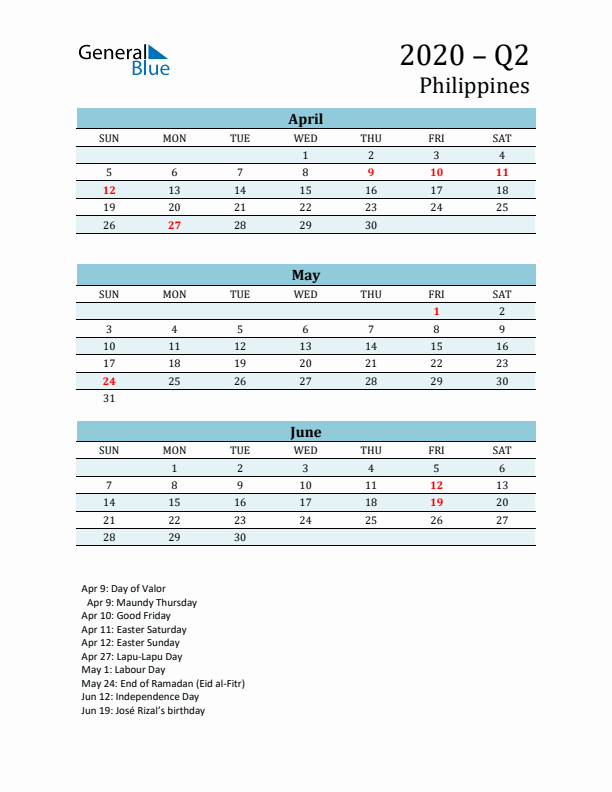 Three-Month Planner for Q2 2020 with Holidays - Philippines