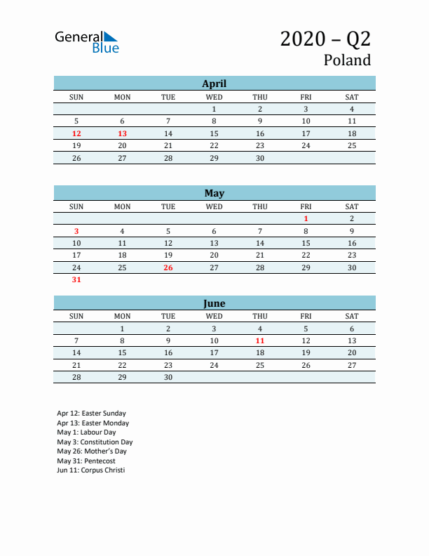 Three-Month Planner for Q2 2020 with Holidays - Poland