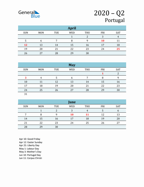 Three-Month Planner for Q2 2020 with Holidays - Portugal