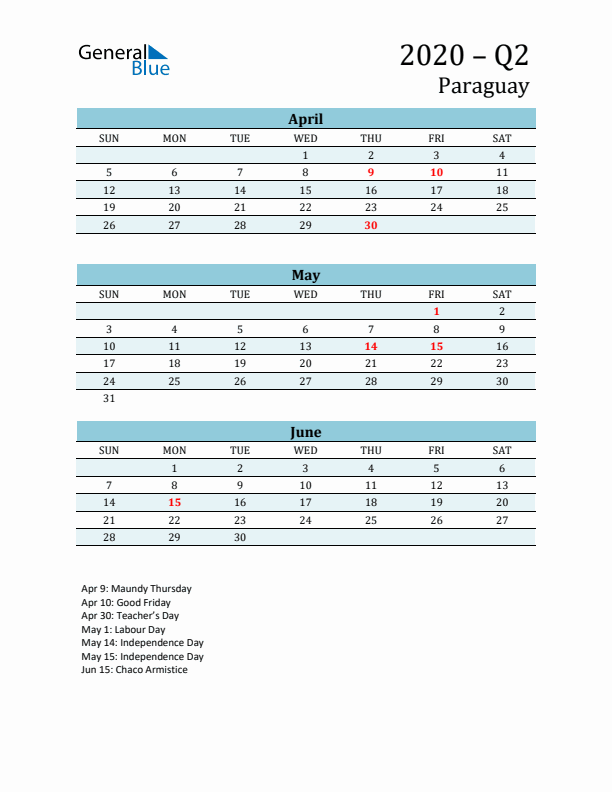 Three-Month Planner for Q2 2020 with Holidays - Paraguay