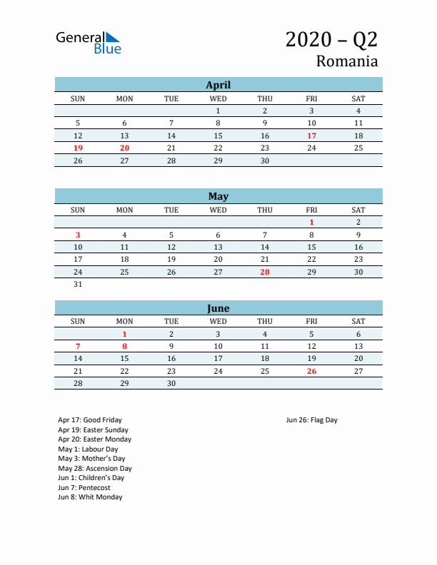 Three-Month Planner for Q2 2020 with Holidays - Romania