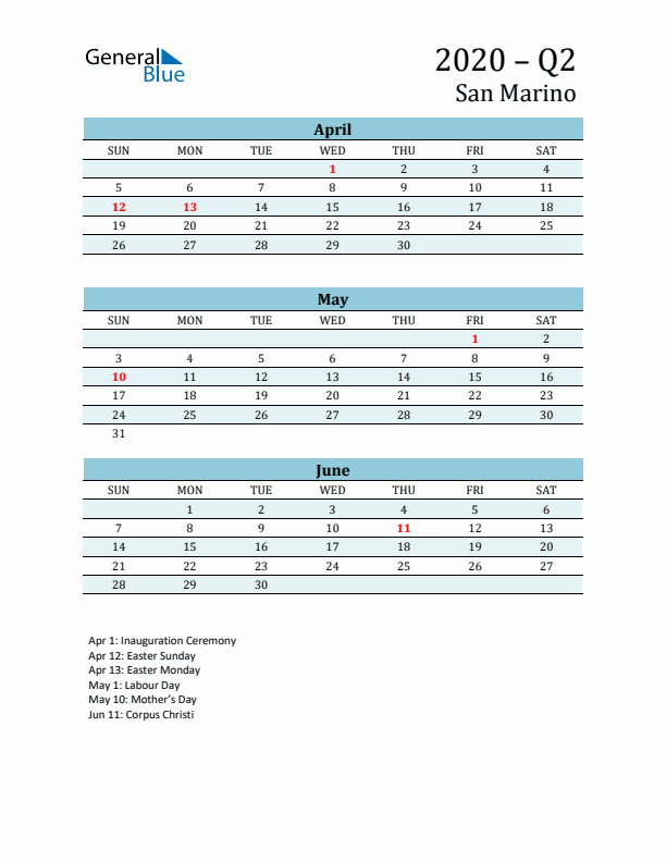 Three-Month Planner for Q2 2020 with Holidays - San Marino