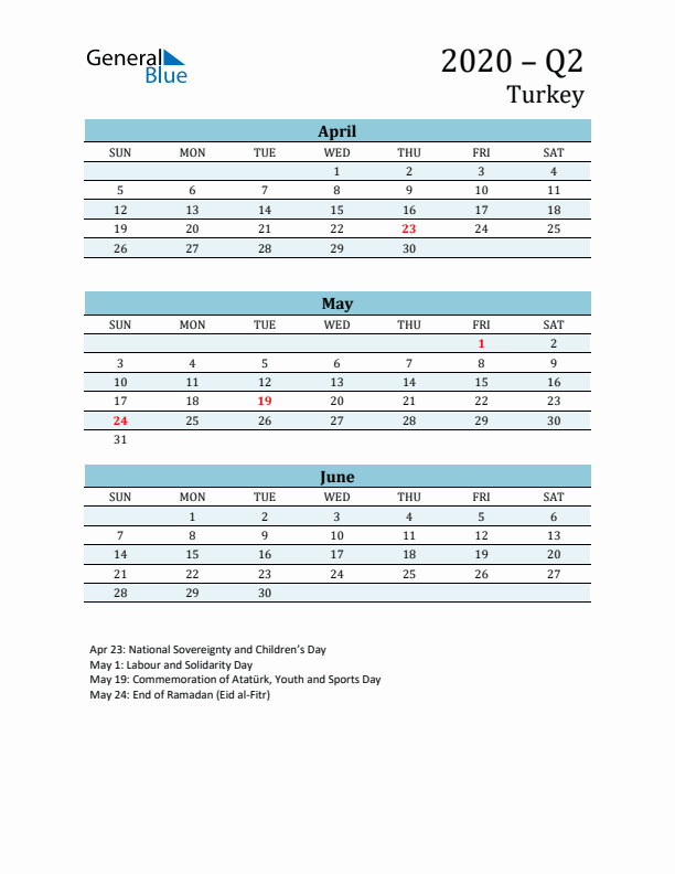 Three-Month Planner for Q2 2020 with Holidays - Turkey