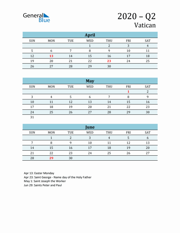 Three-Month Planner for Q2 2020 with Holidays - Vatican