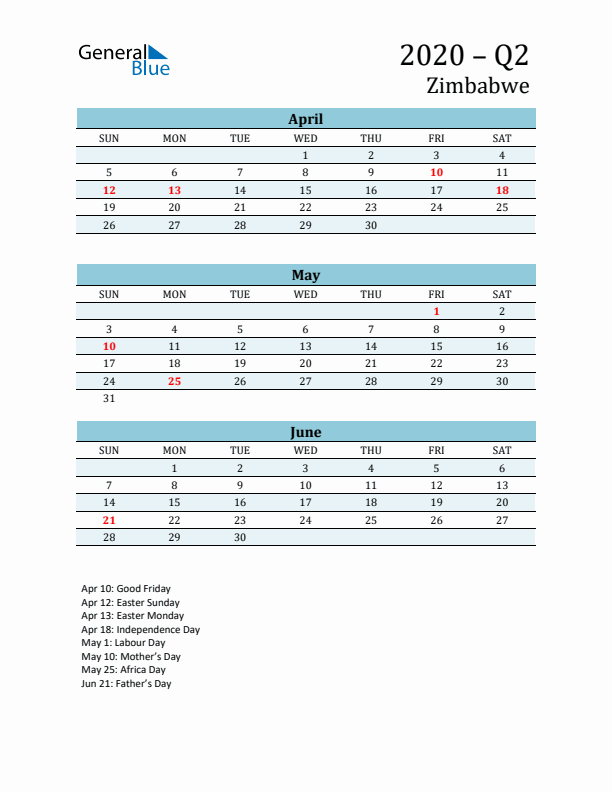 Three-Month Planner for Q2 2020 with Holidays - Zimbabwe