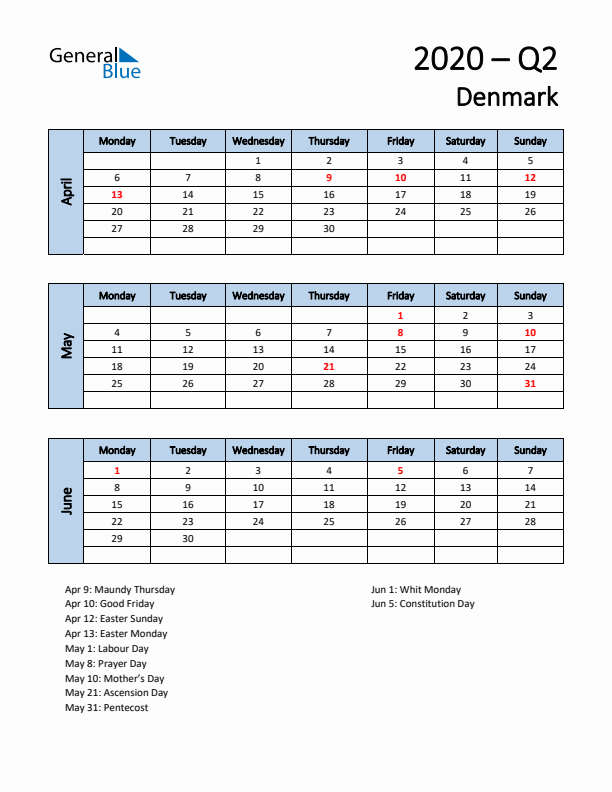 Free Q2 2020 Calendar for Denmark - Monday Start