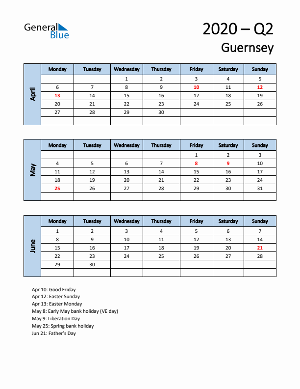 Free Q2 2020 Calendar for Guernsey - Monday Start