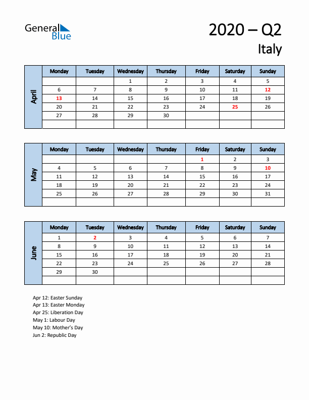 Free Q2 2020 Calendar for Italy - Monday Start