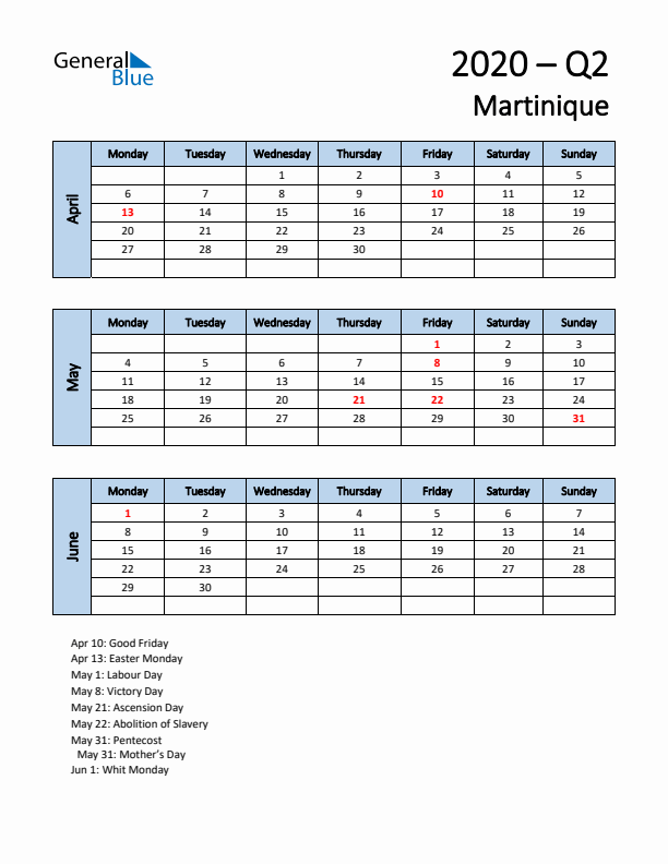 Free Q2 2020 Calendar for Martinique - Monday Start