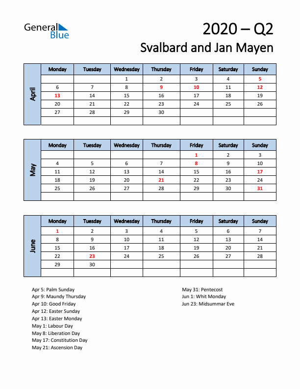 Free Q2 2020 Calendar for Svalbard and Jan Mayen - Monday Start