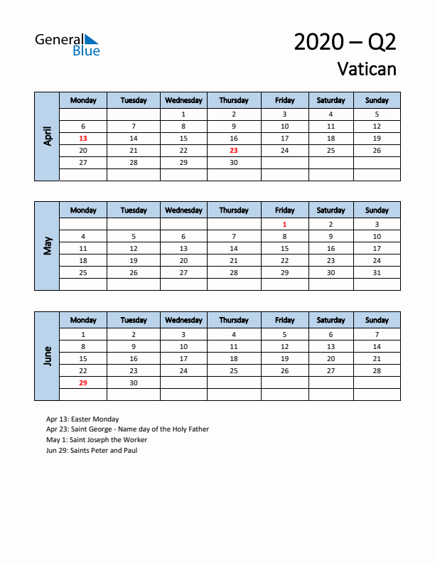 Free Q2 2020 Calendar for Vatican - Monday Start