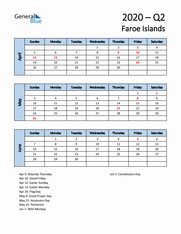 Free Q2 2020 Calendar for Faroe Islands - Sunday Start