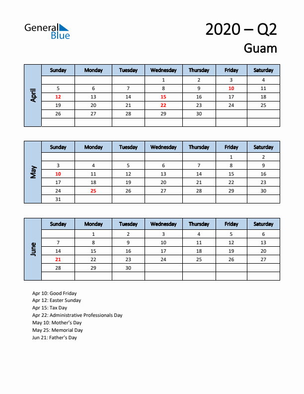 Free Q2 2020 Calendar for Guam - Sunday Start