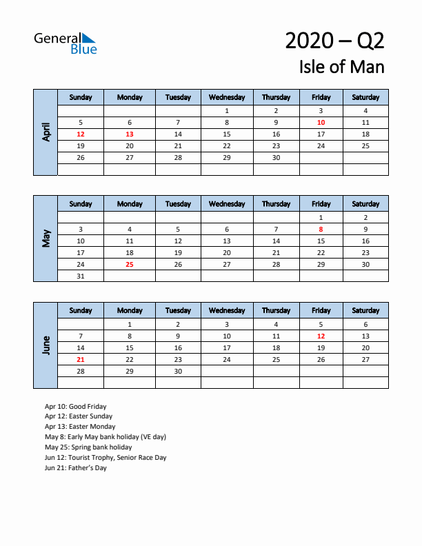 Free Q2 2020 Calendar for Isle of Man - Sunday Start