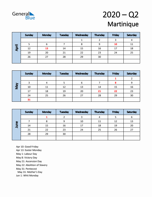 Free Q2 2020 Calendar for Martinique - Sunday Start