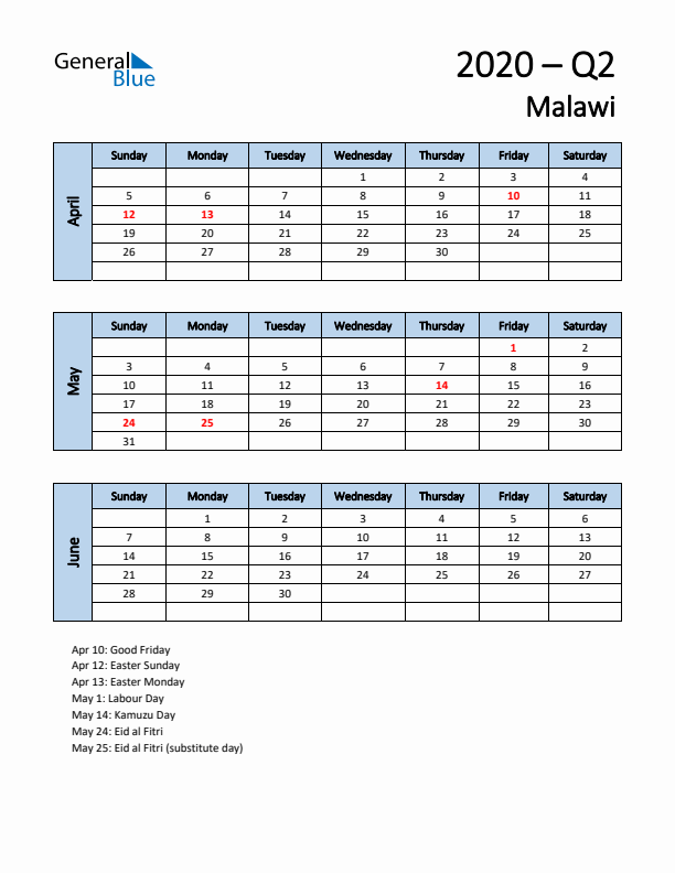 Free Q2 2020 Calendar for Malawi - Sunday Start