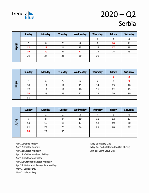 Free Q2 2020 Calendar for Serbia - Sunday Start