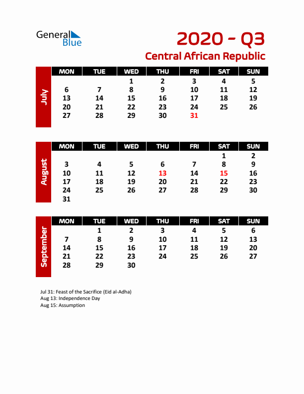 Q3 2020 Calendar with Holidays in Central African Republic