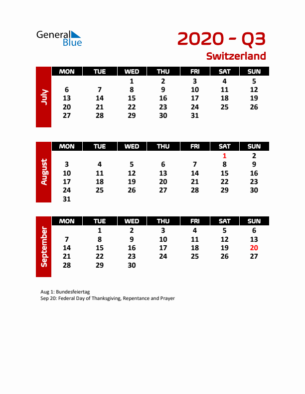 Q3 2020 Calendar with Holidays in Switzerland