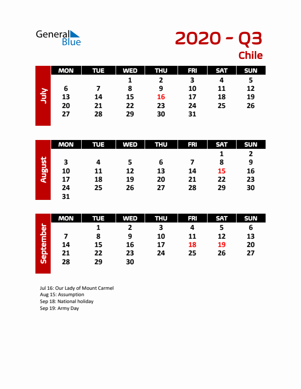 Q3 2020 Calendar with Holidays in Chile