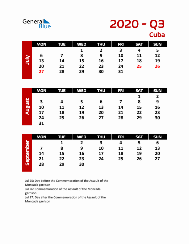 Q3 2020 Calendar with Holidays in Cuba